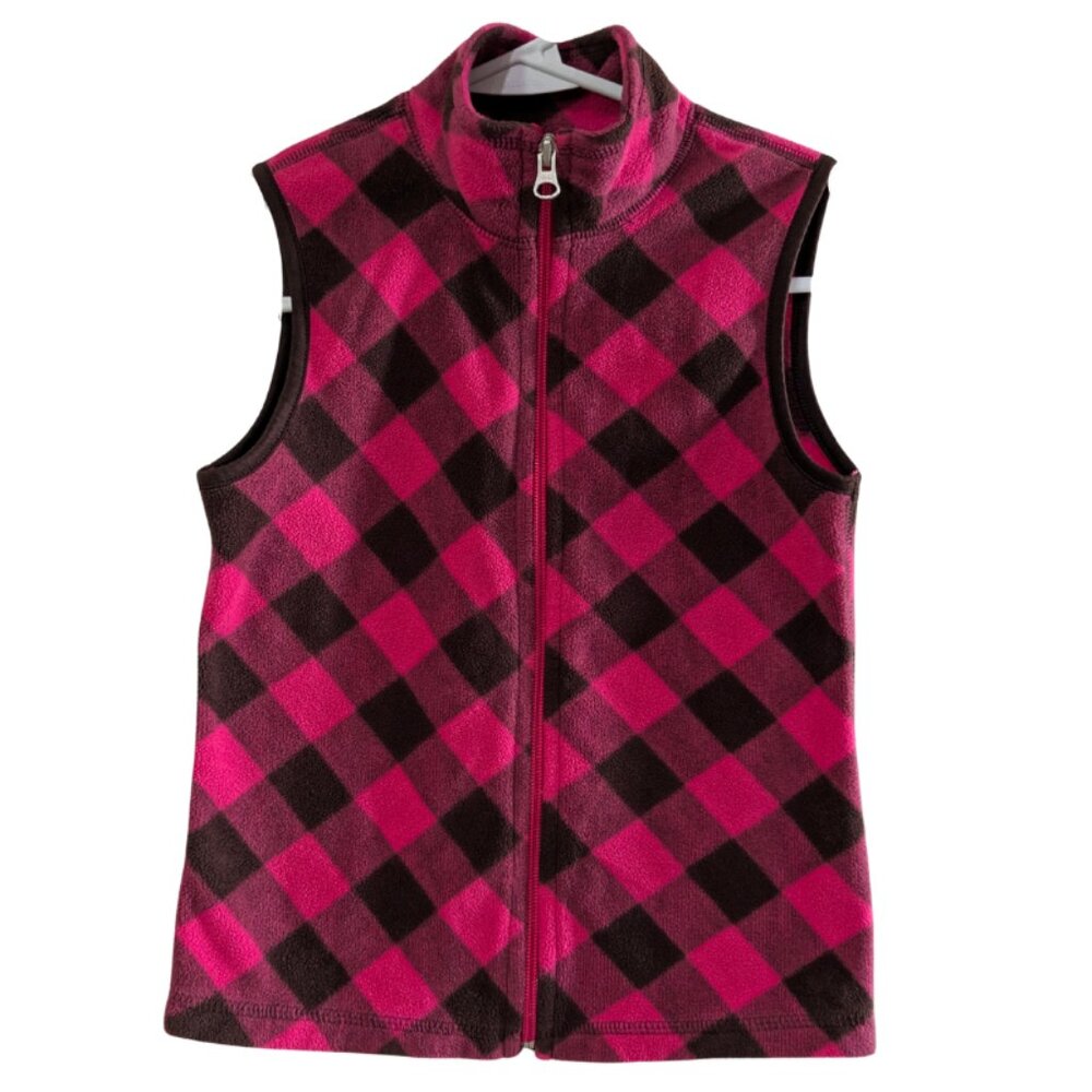 Old Navy Girls Vest Pink Brown Buffalo Plaid Fleece M (8) 2010 Zip Front